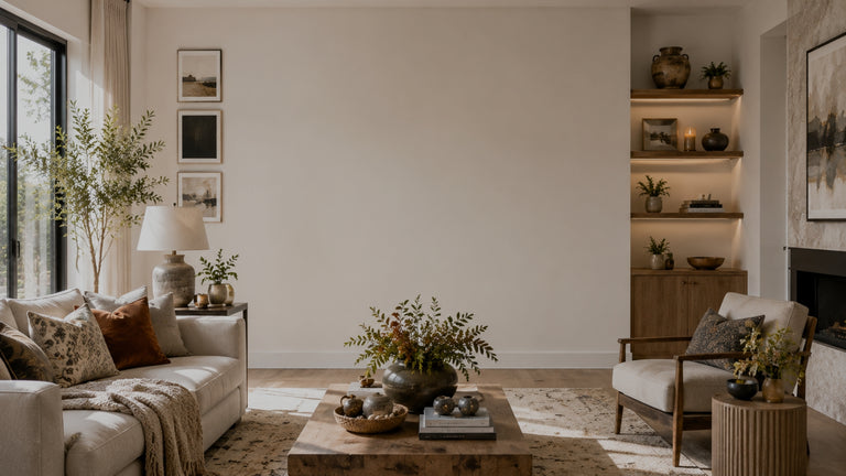 Cozy living room with beige sofa, coffee table, and decorative elements.