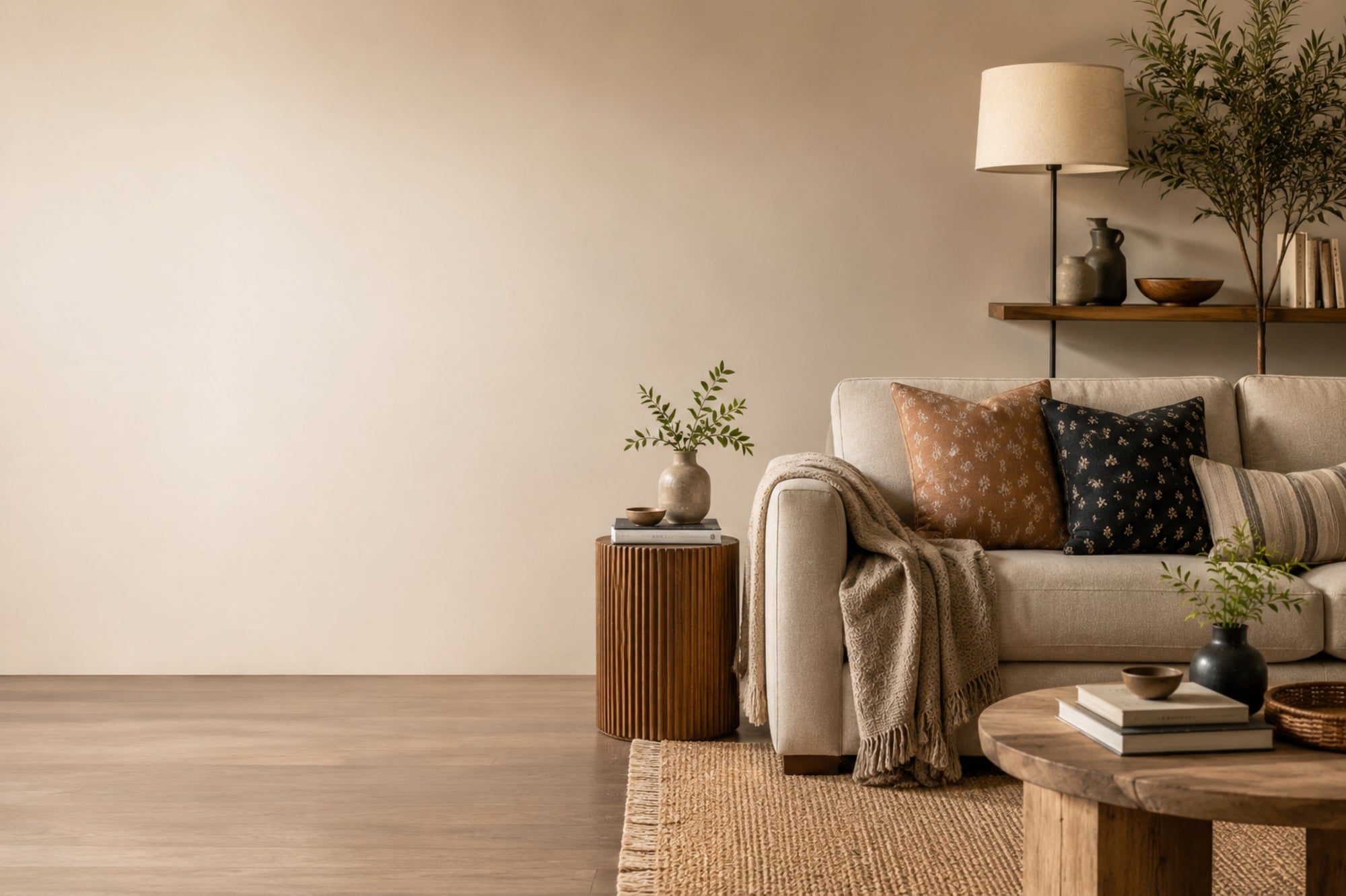 Cozy living room with a beige sofa, wooden coffee table, and decorative items.