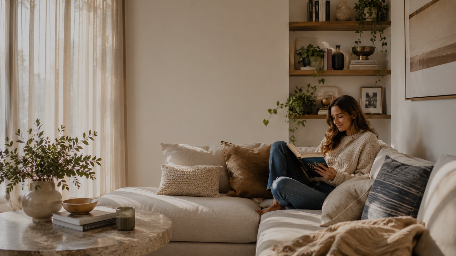 Woman sitting on a couch in a cozy living room reading a book.
