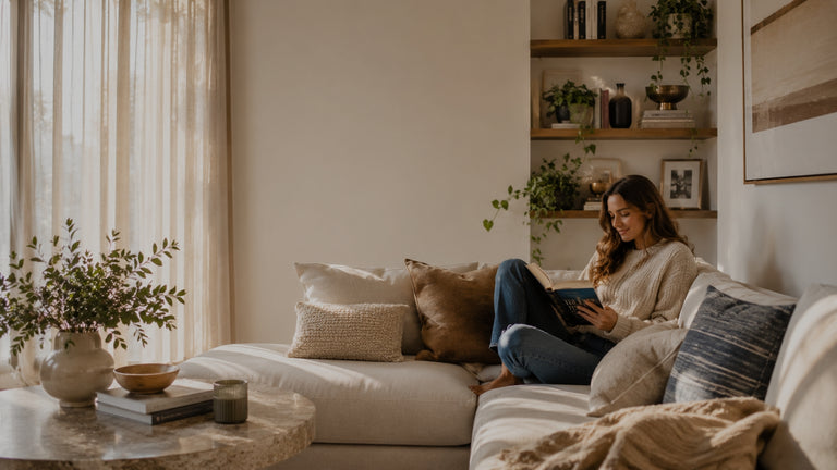 Woman sitting on a couch in a cozy living room reading a book.