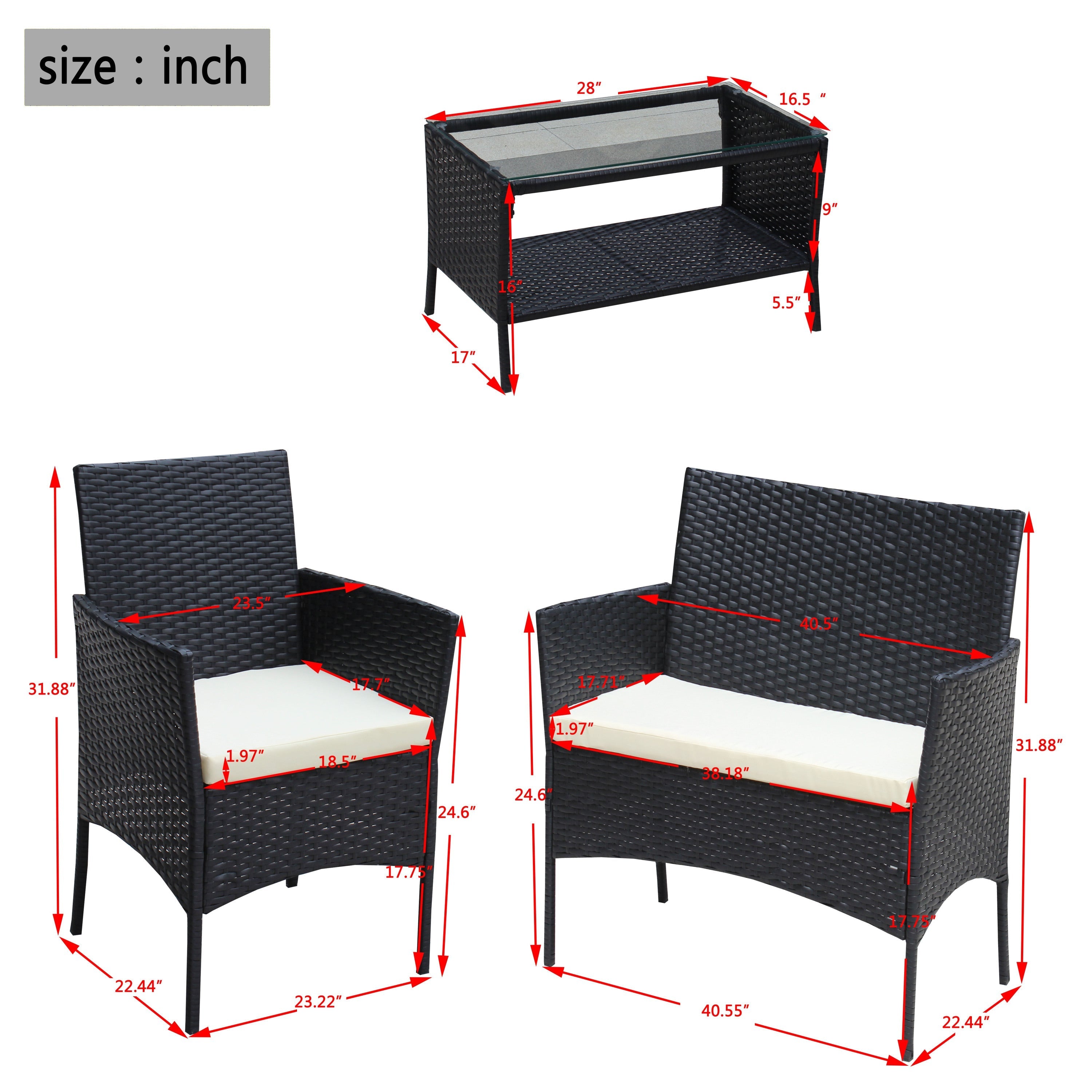 4-Piece Rattan Patio Furniture Set with Cushioned Wicker Sofa