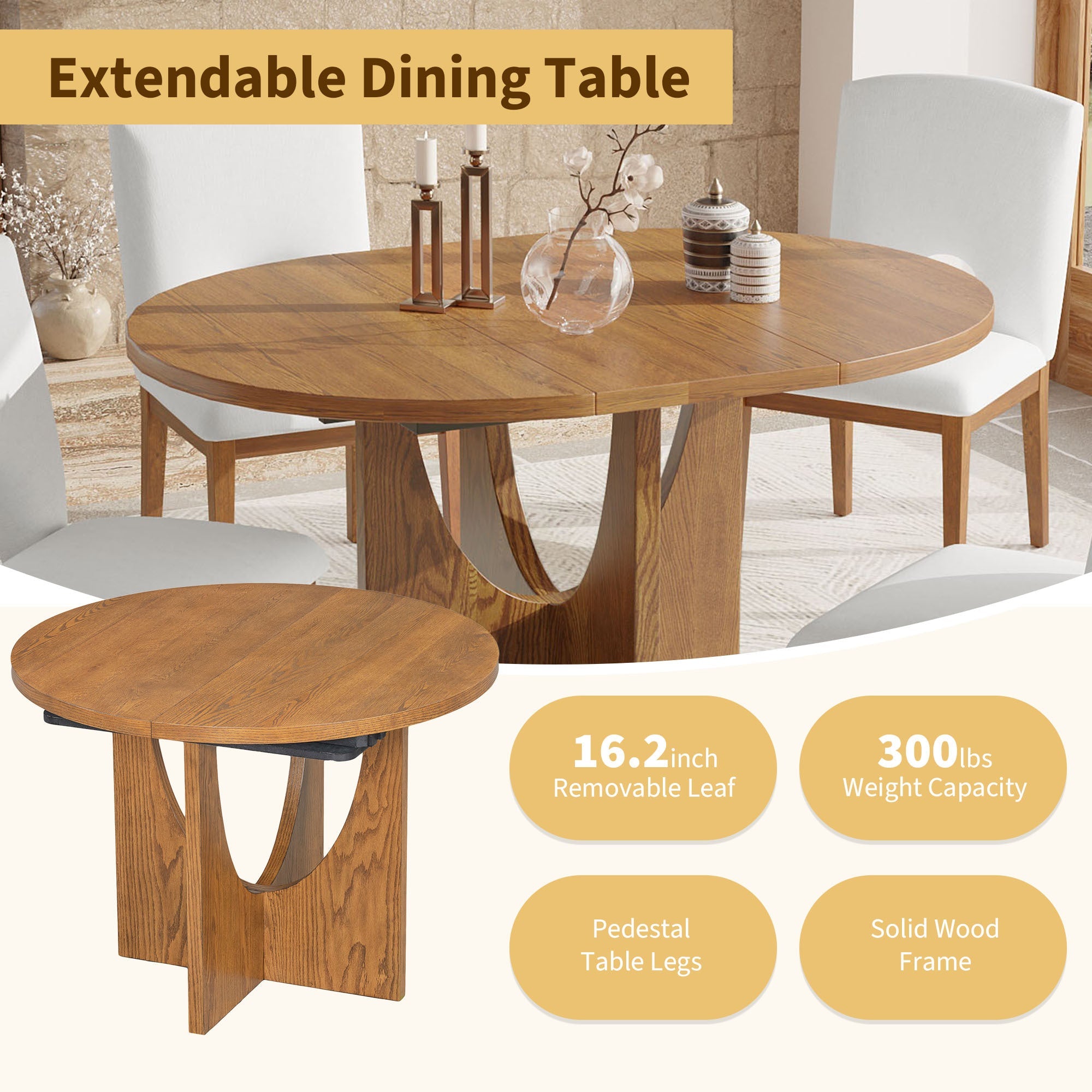Modern 5-Piece Extendable Round Dining Table Set with 16.2inch Removable Leaf
