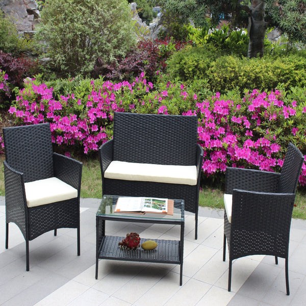 4-Piece Rattan Patio Furniture Set with Cushioned Wicker Sofa