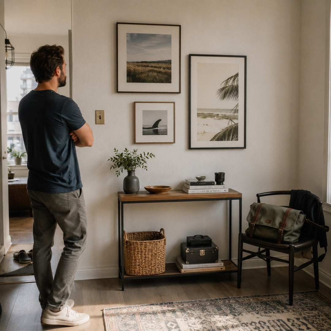 Man standing in a living room looking at wall art