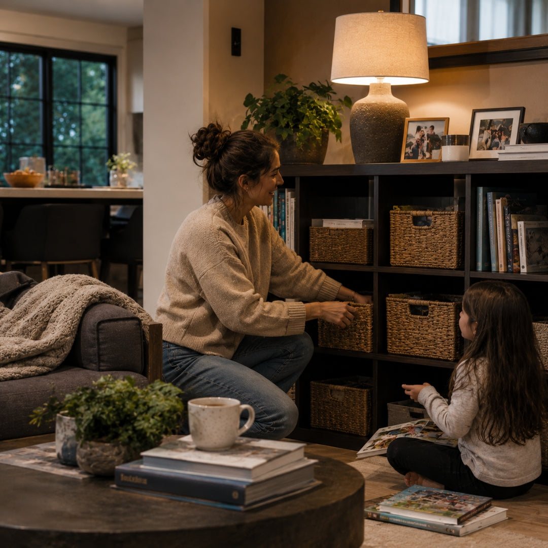 Woman and child sitting on the floor in a living room, looking at books.