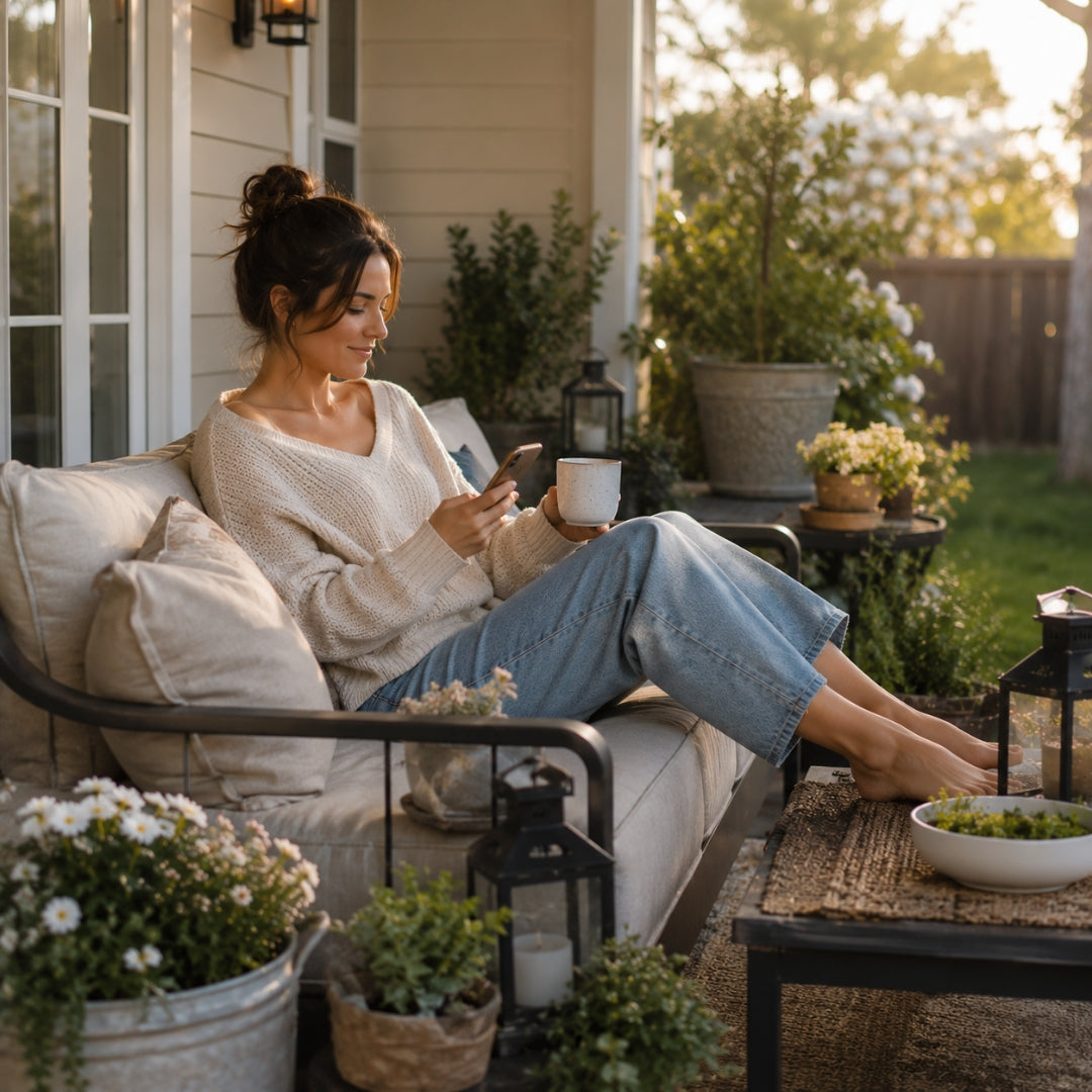 Woman sitting on a patio with plants and a cup of coffee