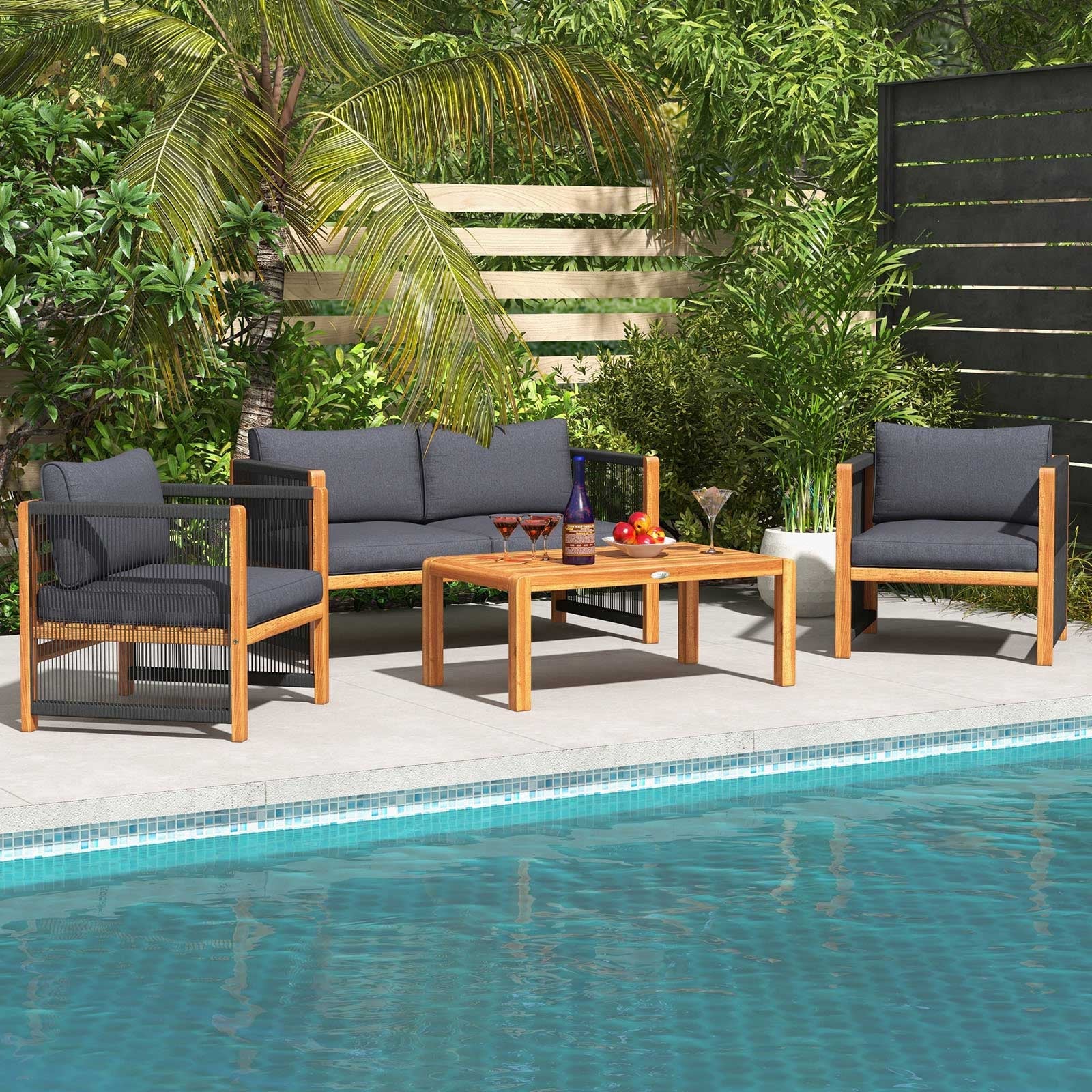 4-Piece Acacia Wood Outdoor Patio Furniture Set Cushions