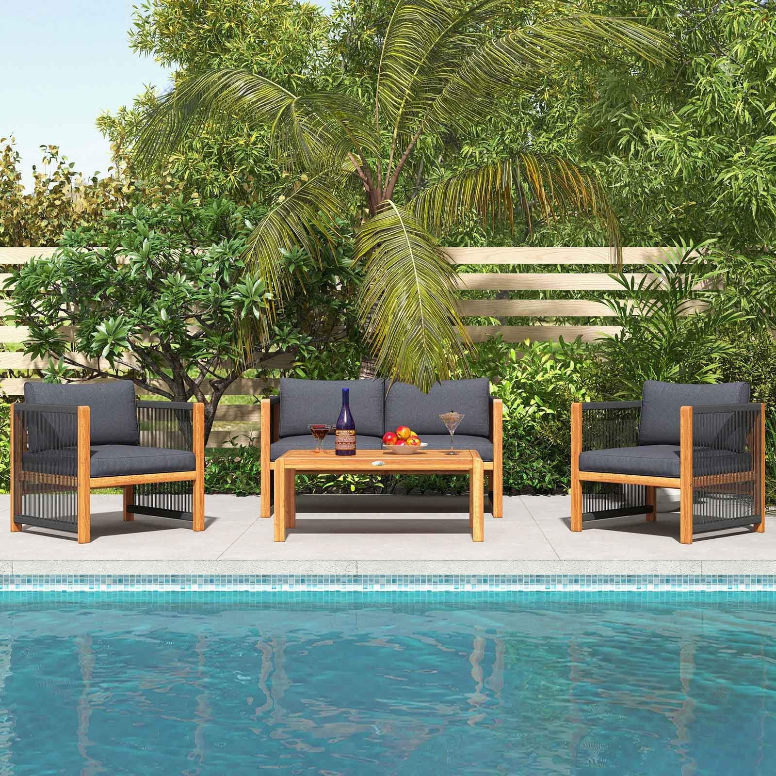 4-Piece Acacia Wood Outdoor Patio Furniture Set Cushions